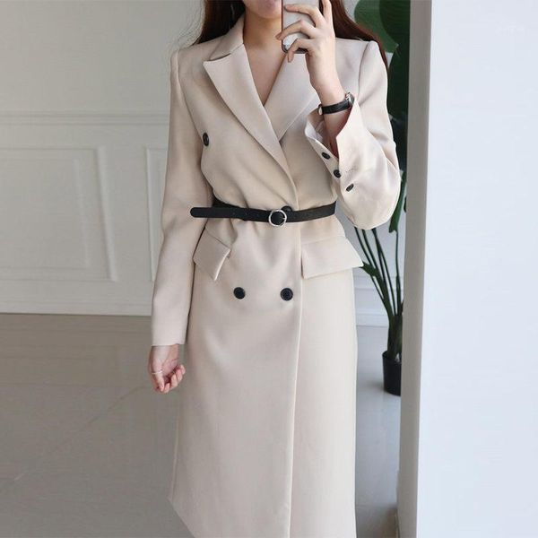 

mid-length windbreaker female british style autumn 2020 new korean wild long bandage suit collar jacket spring blazer femme r961, Tan;black