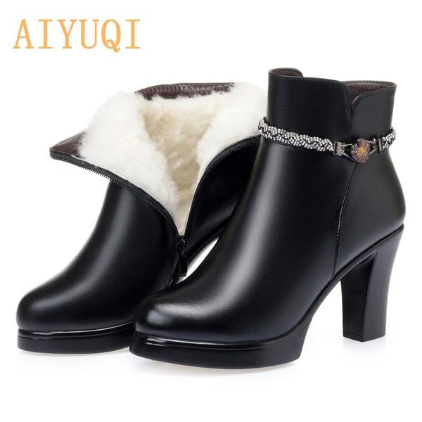 

aiyuqi winter ankle boots women 2021 new high heels women boots genuine leather wool fashion platform female office, Black
