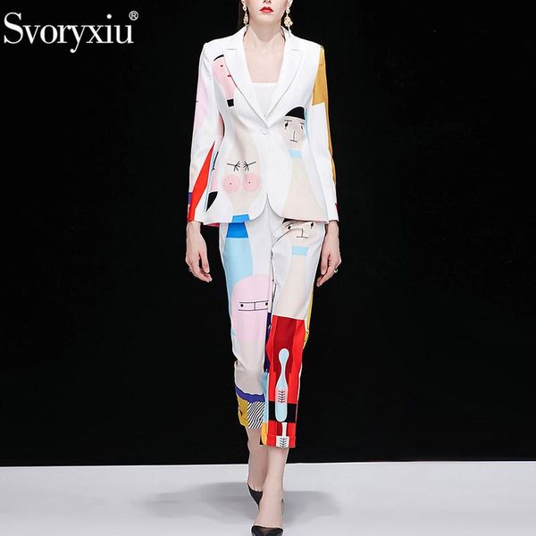 

svoryxiu autumn designer fashion two piece set women's long sleeve blazers + ankle length pants abstract printed suit set, White