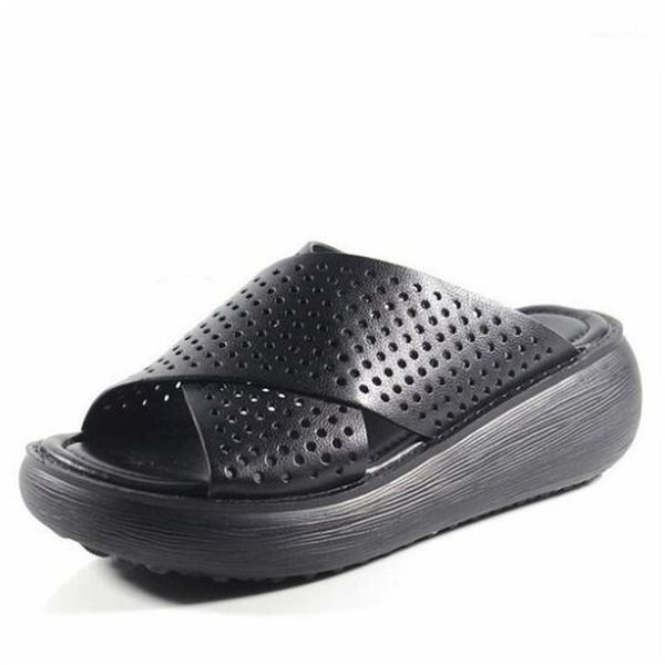 

sandals 2021 summer hollow genuine leather thick bottom wedge retro silppers comfortable open toe women1, Black