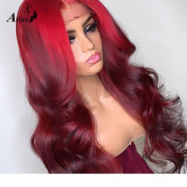 

hd transparent lace human hair wig brazilian remy wavy red burgundy 99j colored ombre lace front wig for black women closure, Black;brown