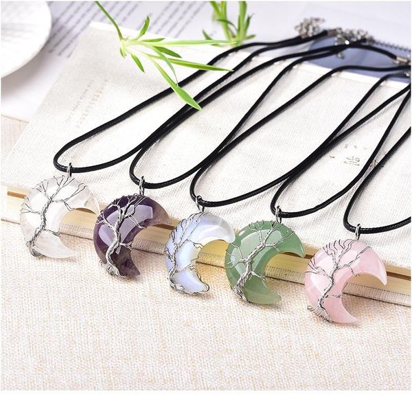 

1pc natural crystal pendant tree of life moon shape stone quartz mineral jewelry healing stone for men women jewe jllajw, Black