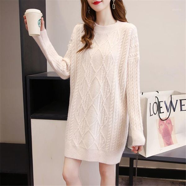 

women's sweaters 2021 autumn / winter women's medium and long thickened flower korean loose lazy bottom knitted skirt1, White;black