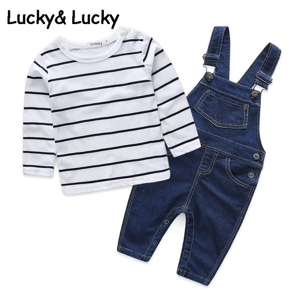 

mother & kids striped boy long sleeve t-shirt + denim overalls newborn clothes casual baby clothing set y200323, White