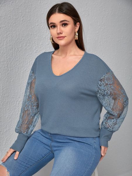 

plus lace panel drop shoulder tee i5c9#, Black