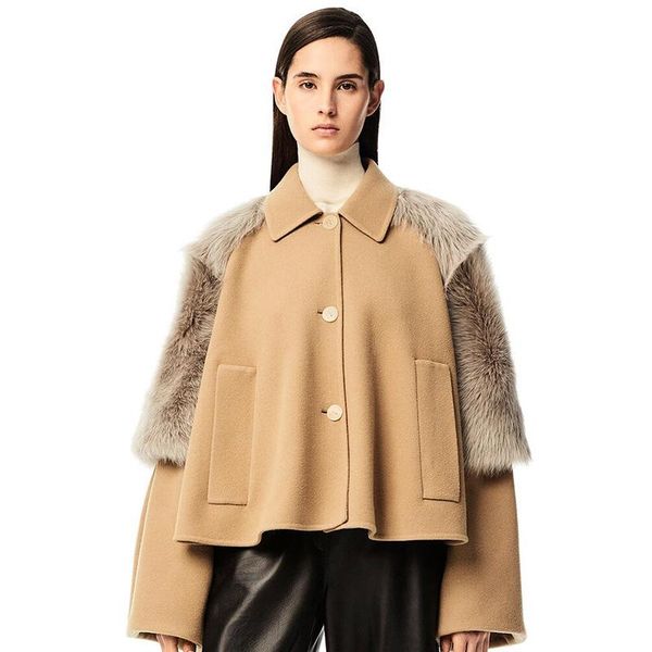 

women's wool & blends malina fashion turn down collar coats women elegant loose flare sleeve pockets a line jackets short ladies, Black