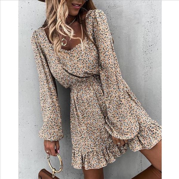 

women autumn long sleeve floral dress winter o neck a line ruffle print dress slim female boho mini party dresses vestidos c23, Black;gray