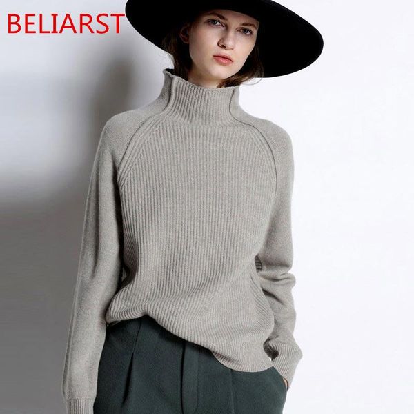 

beliarst new autumn and winter cashmere sweater women high-collar thickened pullover loose sweater large size knitted wool shirt, White;black