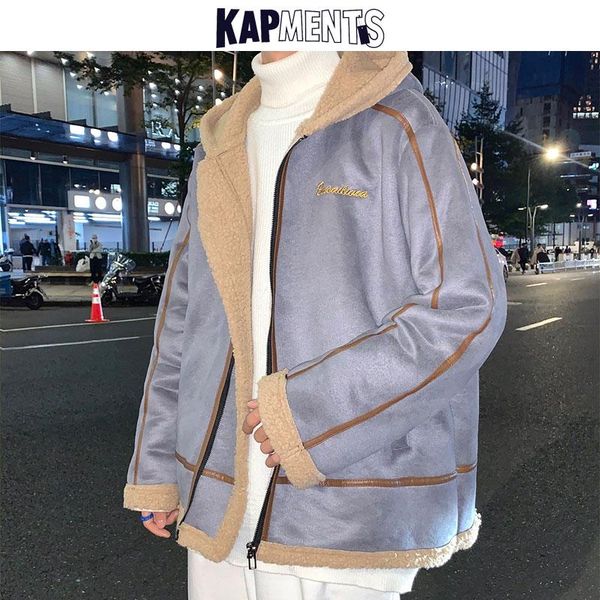 

kapments fleece coat men patchwork hooded jackets 2020 bomber jacket mens letter-embroidered jacket lambswool coat male jackets, Black