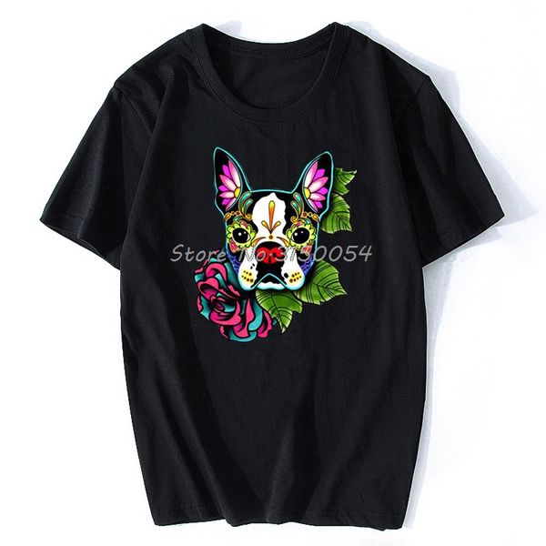 

sport boston terrier day of the dead sugar skull dog t-shirt men latest design red short sleeve cotton tshirt tees harajuku