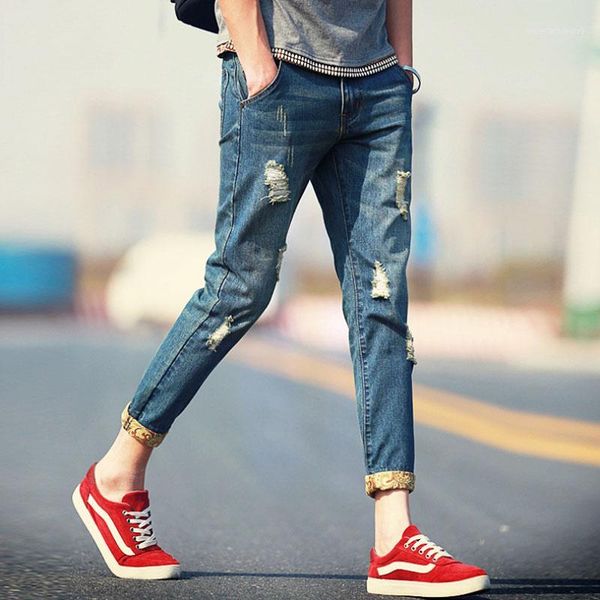 

men's jeans summer 2021 fashion ripped hole denim cropped pants male feet korean slim retro beggarankle length harem trousers men1, Blue