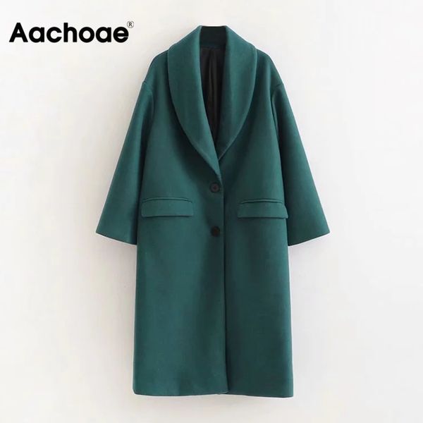 

aachoae elegant green woolen coat women vintage single breasted warm overcoat winter long sleeve pockets chic outerwear, Tan;black
