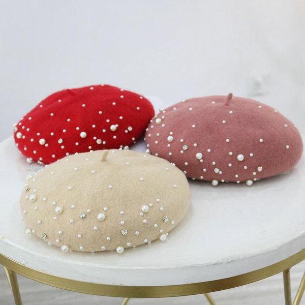 

boinas para mujer hat female korean style nail pearl woolen beret autumn and winter fashion luxury chapeau femme berets caps new, Blue;gray