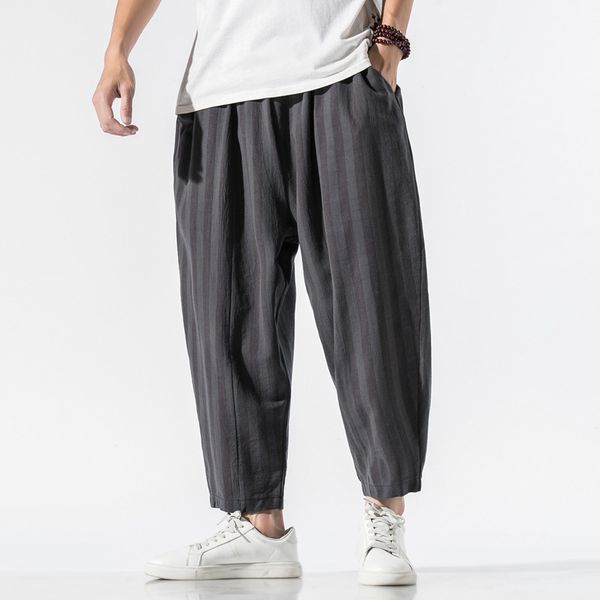 

streetwear cotton linen men joggers large size fashion men's harem elastic waist calf-length pants