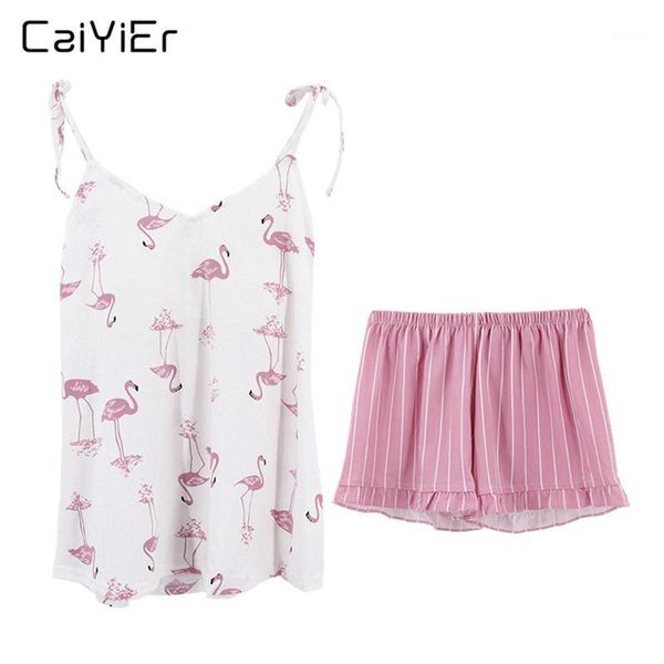 

caiyier 2019 cotton pajama set pink flamingos summer nightwear sling v-neck sleeveless cami shorts casual sleepwear1, Black;red