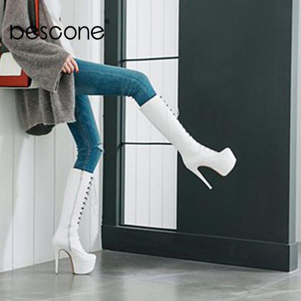 

boots bescone ladies knee-high fashion platform lace-up round toe super high heel shoes winter warm thin women bm236, Black