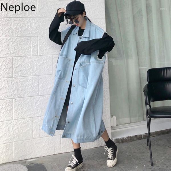 

neploe long women demin coat sleeveless single breasted oversized overcoat 2019 autumn korean new cowboy jeans jacket1, Black;brown