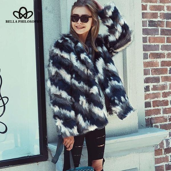 

wonder 2020new autumn stripe long sleeve warm coat vintage female faux fur furry fluffy fur coats patchwork casual lady outwears, Black