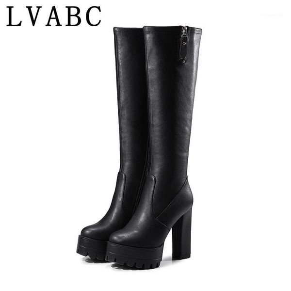 

lvabc 2020 big size 32-42 women warm short plush side zipper knee high boots comfortable square heel winter shoes black1, Black