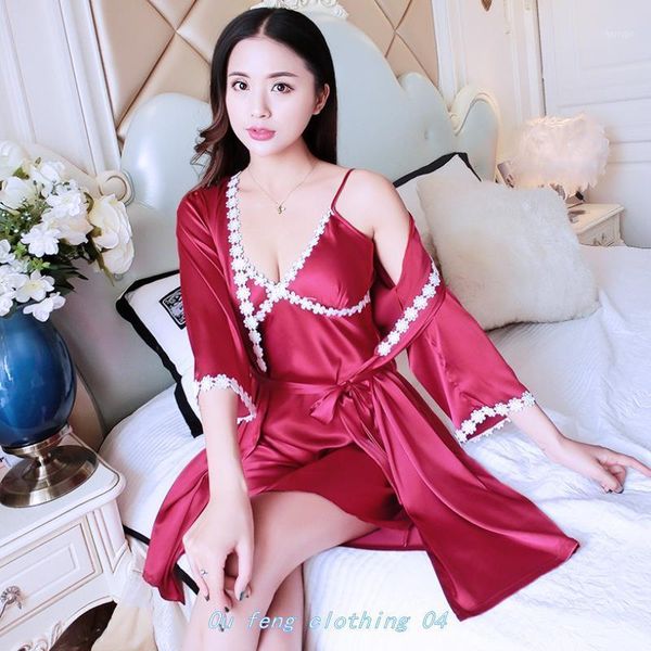 

6xl sets sleepwear robe ice silk women nightgown lace half sleeve sleeve 2pcs bathrobe for female bath night house kimono1, Black;red