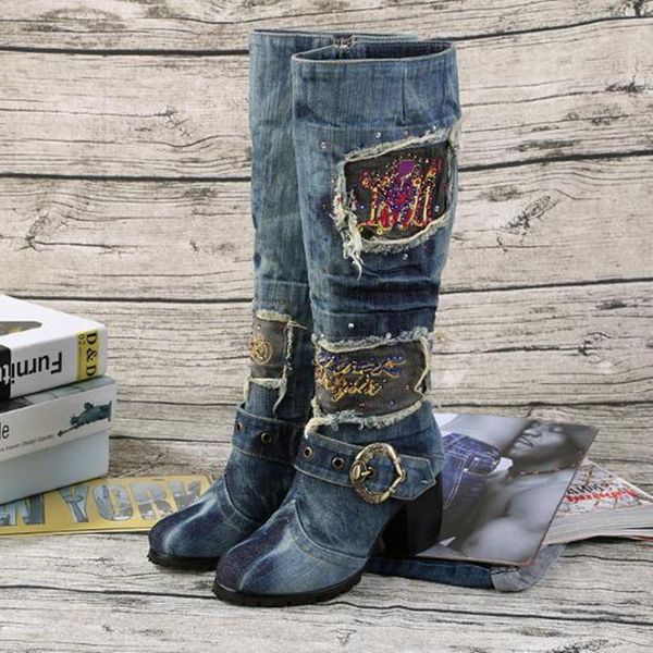 

denim high heel fashion women's shoes large size 41 42 crude heel plus velvet warm winter high boots casual women's long boots, Black