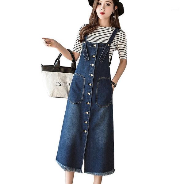 

2020 summer long denim dress women streetwear single-breasted jeans sundress korean plus size sleeveless dress vestidos1, Black;gray