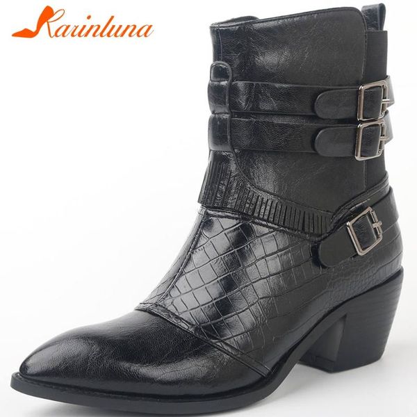 

karin 34-42 brand new ladies casual retro boots fashion belt buckle fringe ankle boots women chunky high heels shoes woman, Black