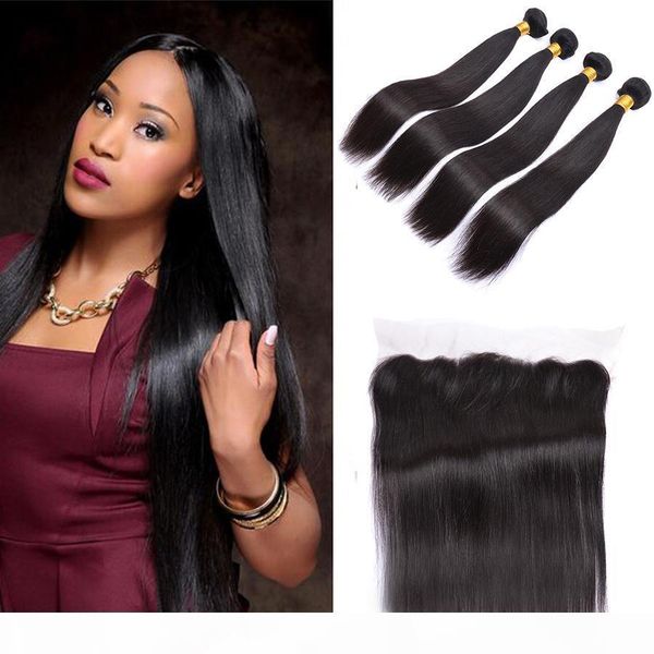 

peruvian straight hair extensions with 13x4 lace frontal closure black color peruvian straight hair 4 bundles with lace frontal closures, Black;brown