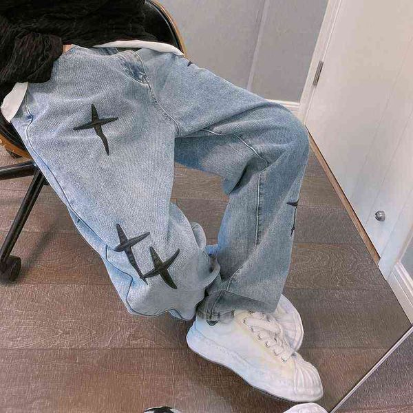 

pantalones vaqueros con bordado de diez patrones para hombre pantaln recto coreano hip hop holgado pierna ancha talla gran 0309, Blue