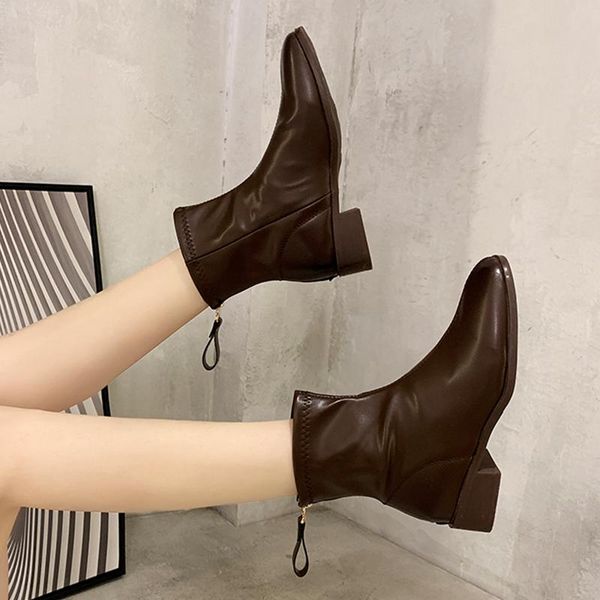 

brand women's shoes round toe boots-women zipper fashion 2021 ankle med elegant rubber ladies rock solid hoof heels basic rome, Black