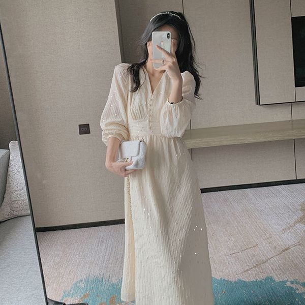 

2021 new puff retro sequins women designer long sleeve elegant fairy dress fall wedding party femme robe bp49, Black;gray