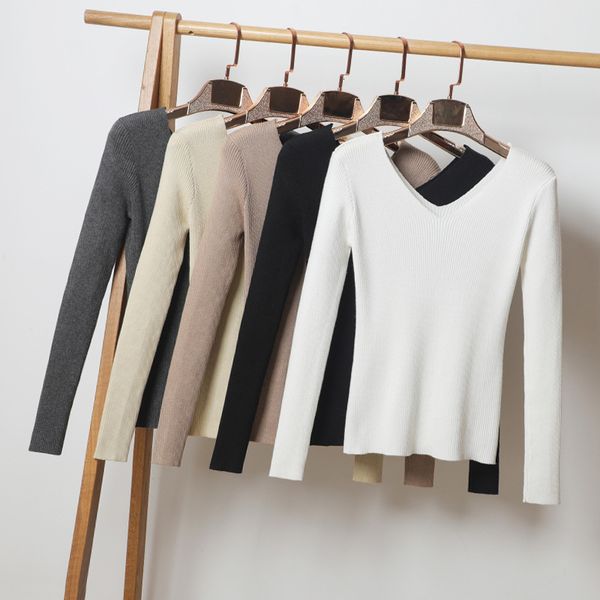

8 colors 2020 spring autumn knitted pullover women's v neck long sleeve slim sweater pullovers  l xl xxl plus size lady's, White;black