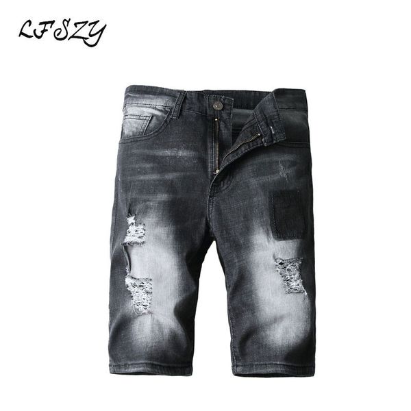 

modal 2020 new personality trend male high street shorts straight-line hole five stitches torn jeans for man 5kyr, White;black