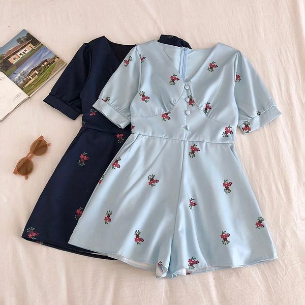 

лето женщины blending игровая одежда v-образным вырезом короткие рукава emboridery дамы городские игровая одежда rompers свободные ноги коро, Black;white