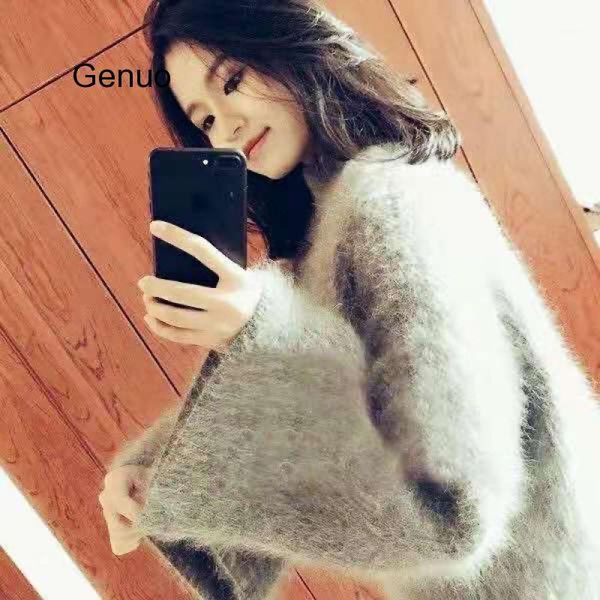 

faux mink cashmere knitted sweater female furry mid-length thick loose plus size warm cashmere pullover sweater coat 2xl1, White;black