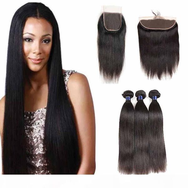 

9a body wave brazilian remy human hair bundles with closure malaysian virgin human hair weaves with frontal closure straight body wave, Black
