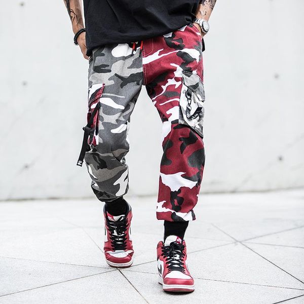 

camouflage splice joggers pants men camo streetwear mens cargo pants hip hop trousers multi-pocket cotton military overalls male, Black