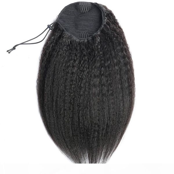 

coarse yaki 100% human hair ponytail extensions clips in malaysian virgin kinky straight bun drawstring ponytail haitpieces natural color, Black