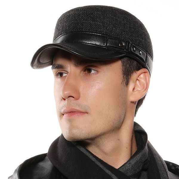 

new pu leather caps men's casual autumn winter warm baseball cap bomber hats hidden ear protectors stripe woolen flat hat wmtdau, Black;white