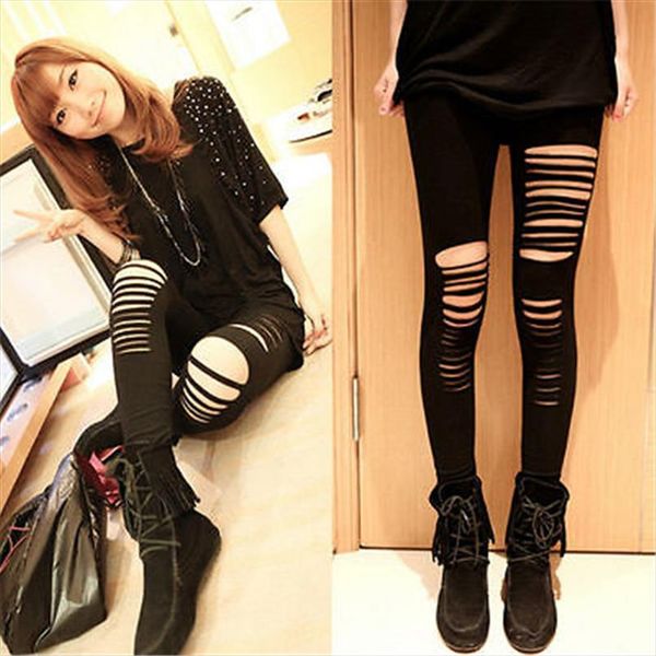 

mid calf leggings fashion woman punk holes torn with opening split leggings gothic party hollow cotton irregular front hole, Black