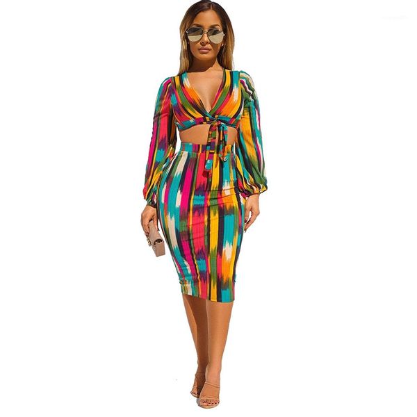 

dress long sleeve v neck colorful striped bandage two piece dresses female clothing tie dye womens, White