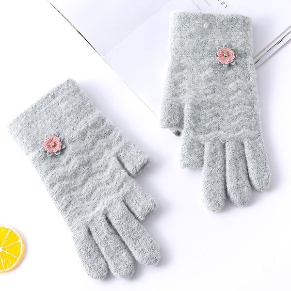 

knitted gloves for women to keep warm in winter, with open leaky two fingers fingers, woolen yarn and half, Blue;gray