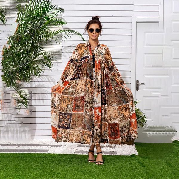 

ewq] 2020 summer new pattern lapel long lantern sleeve chiffon print patchwork single breasted beach style dress women 3aj6880, Black;gray