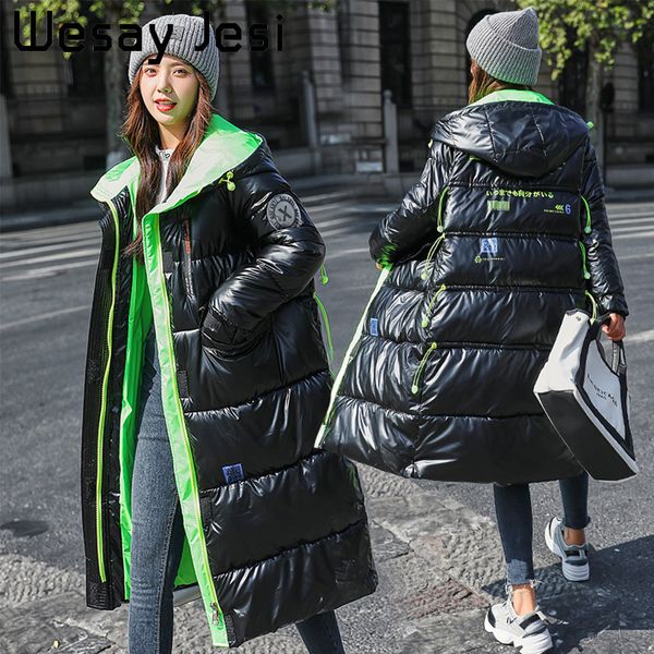 

2020 new winter women's down long korean version over the knee loose letter printing shiny padded jacket women, Black