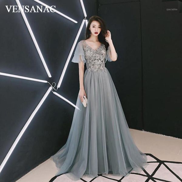 

vensanac v neck lace appliques a line long evening dresses party short sleeve backless prom gowns1, White;black