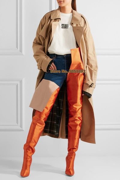

boots thigh high orange over the knee pointed toe over-the-waist women heel long fashion show satin shoes, Black