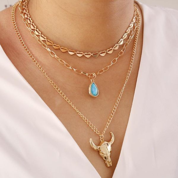 

luokey layers bohemian vintage pendant necklace trendy ethnic rhinestone ox head necklace for women boho charm jewelry wholesale1, Silver