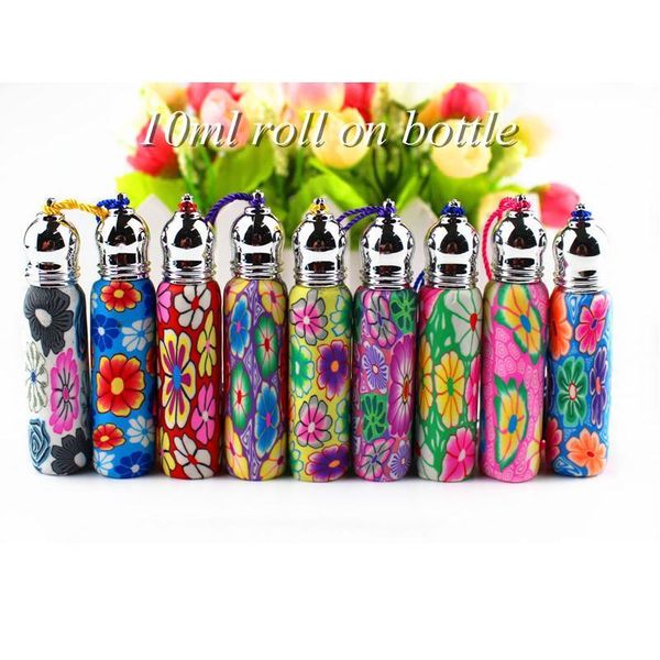 

50pcs/lot lovely 10ml glass roll on bottles polymer clay roller essential oil bottle empty perfume vials with gl qylaee