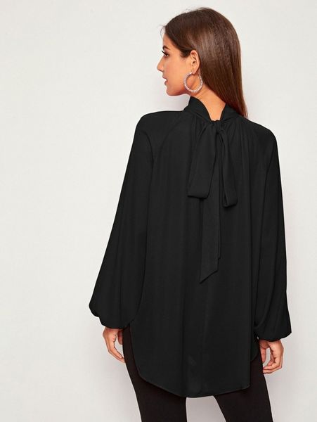 

tie back raglan lantern sleeve dip hem p5r2#, White