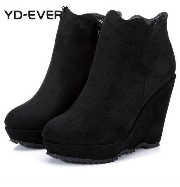 

autumn winter wedges ankle boots fashion flock women's high-heeled platform boots high heels shoes for women, Black